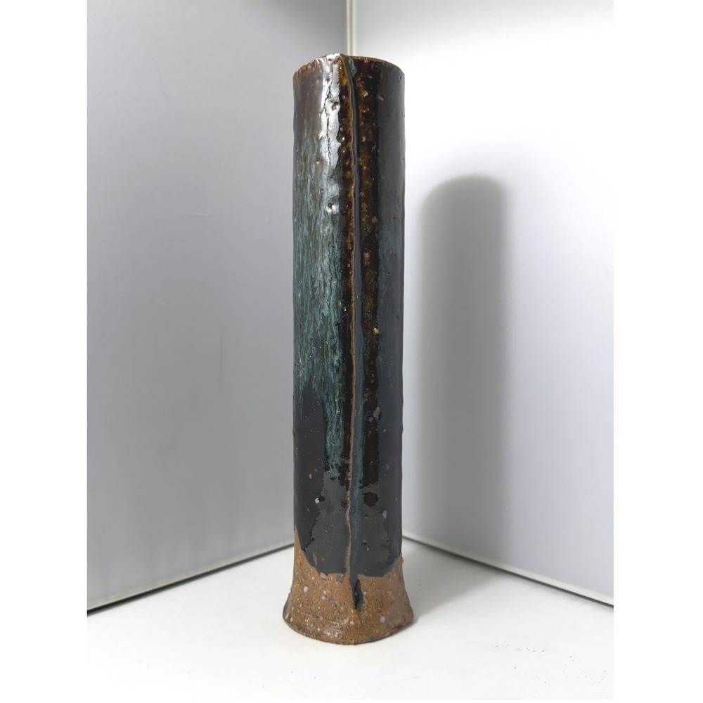 Japanese Ikebana Vase Wabi Sabi Brutalist MCM Brown Teal Tall Cylinder
